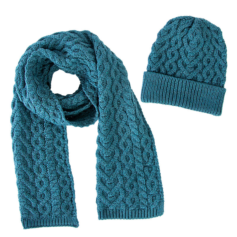 100% Super Soft Merino Wool Heart Designed Hat Scarf Set, Teal Blue Colour